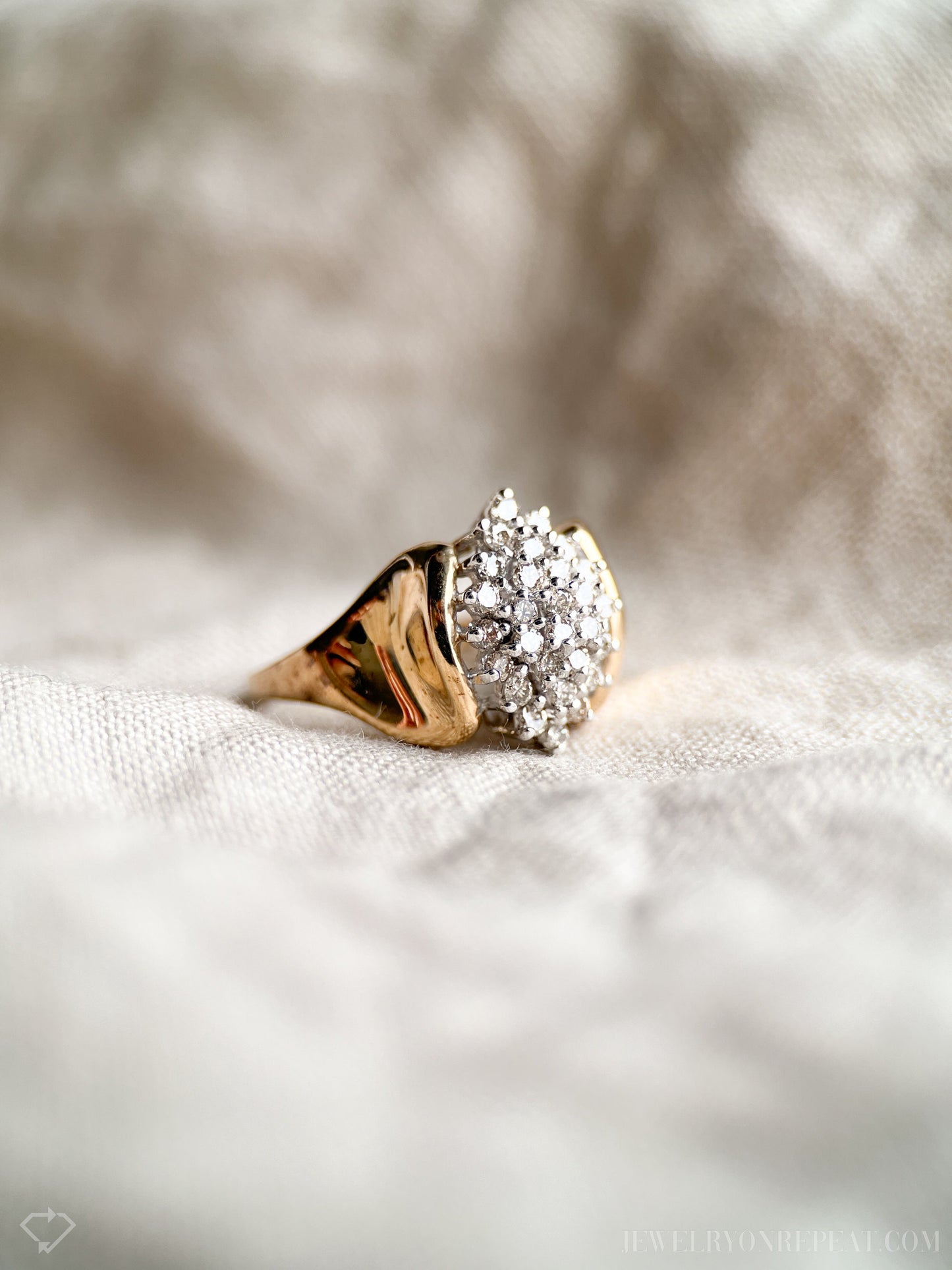 Vintage Diamond Engagement Ring, Marquise Shaped, 14k Gold, 1980s Cluster Bridal Ring