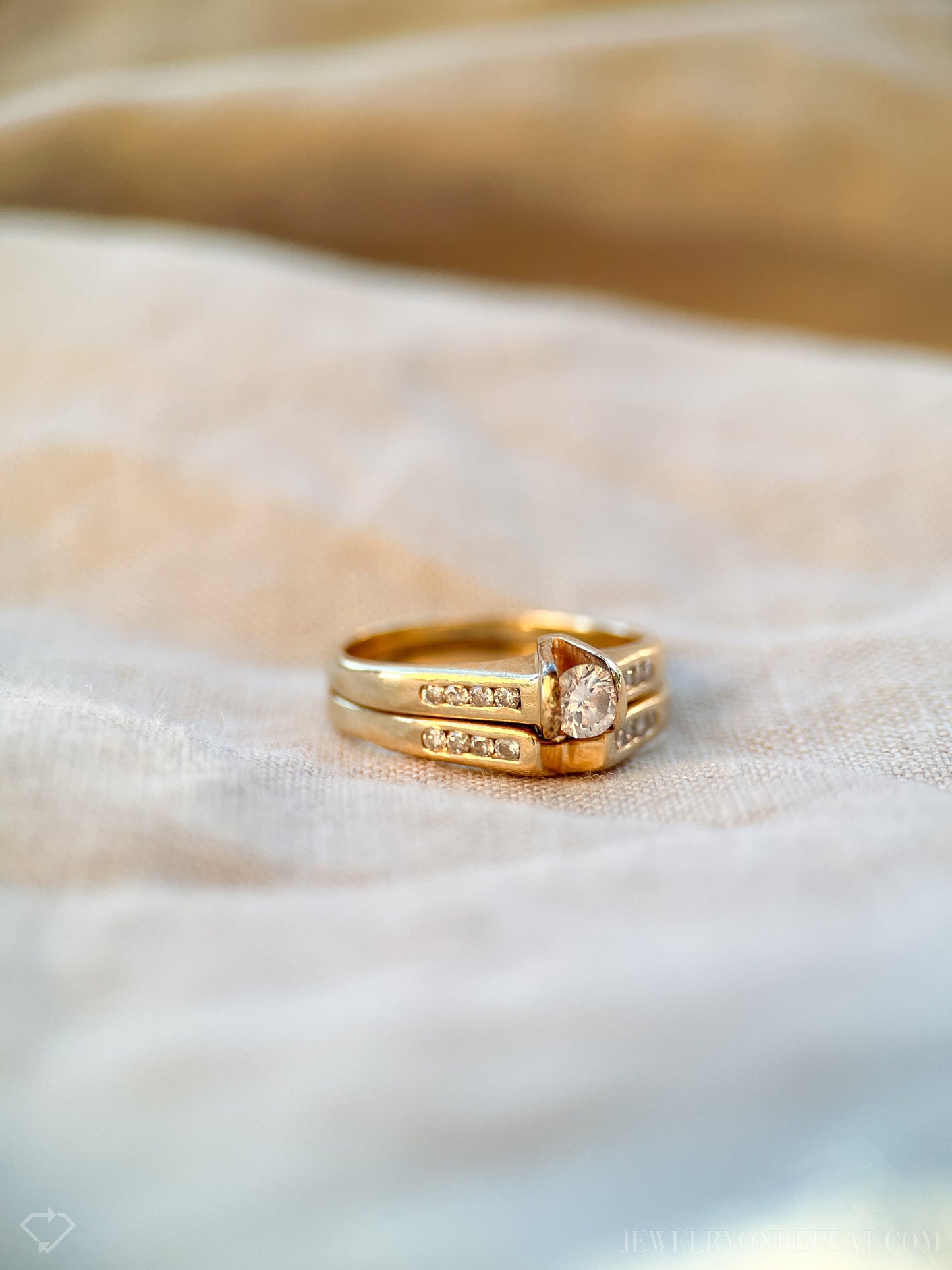 Vintage Diamond Engagement Ring & Matching Wedding Band, Round Cut, 14k Gold, Channel Bridal Set