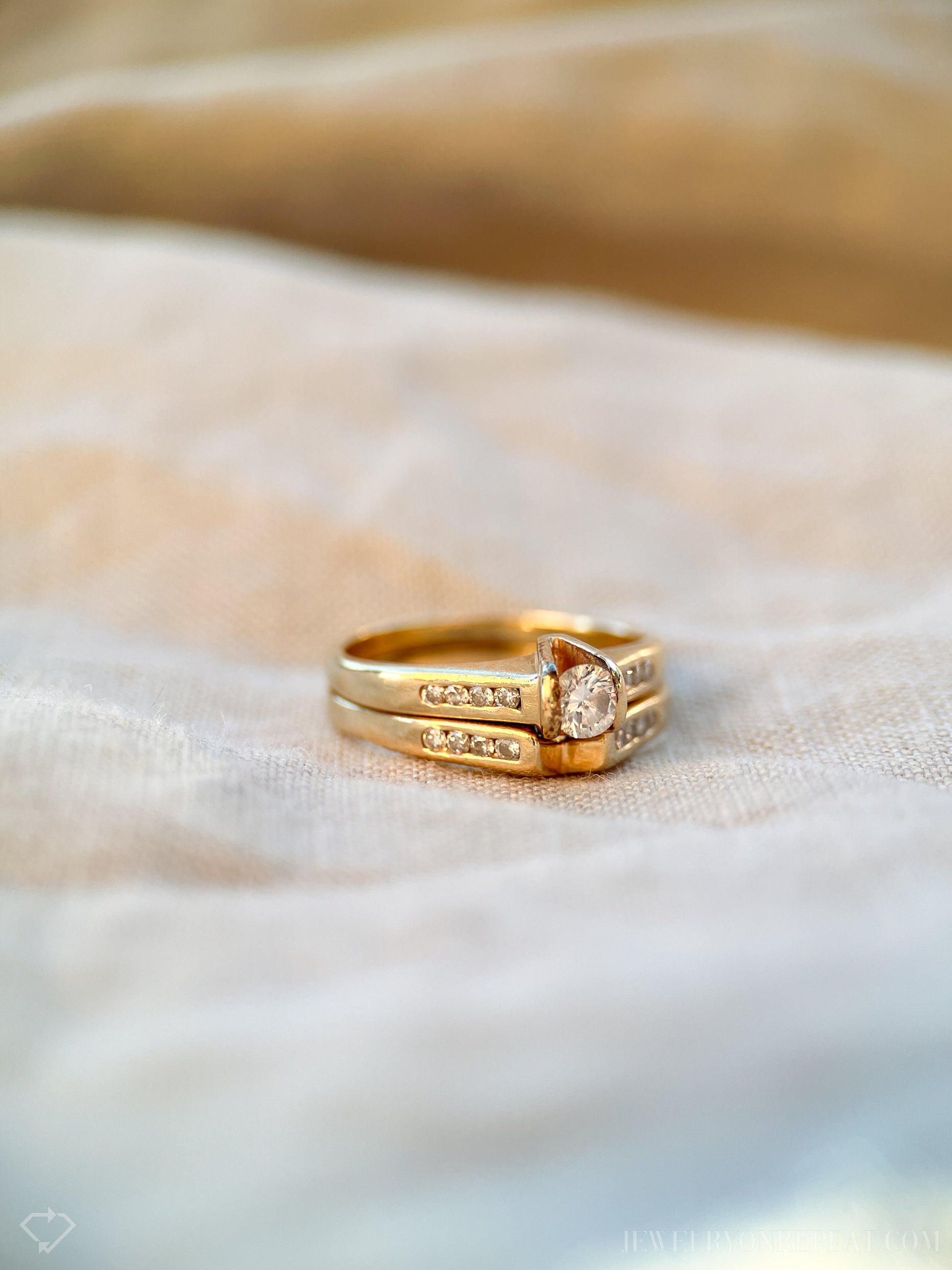 Vintage Diamond Engagement Ring & Matching Wedding Band, Round Cut, 14k Gold, Channel Bridal Set