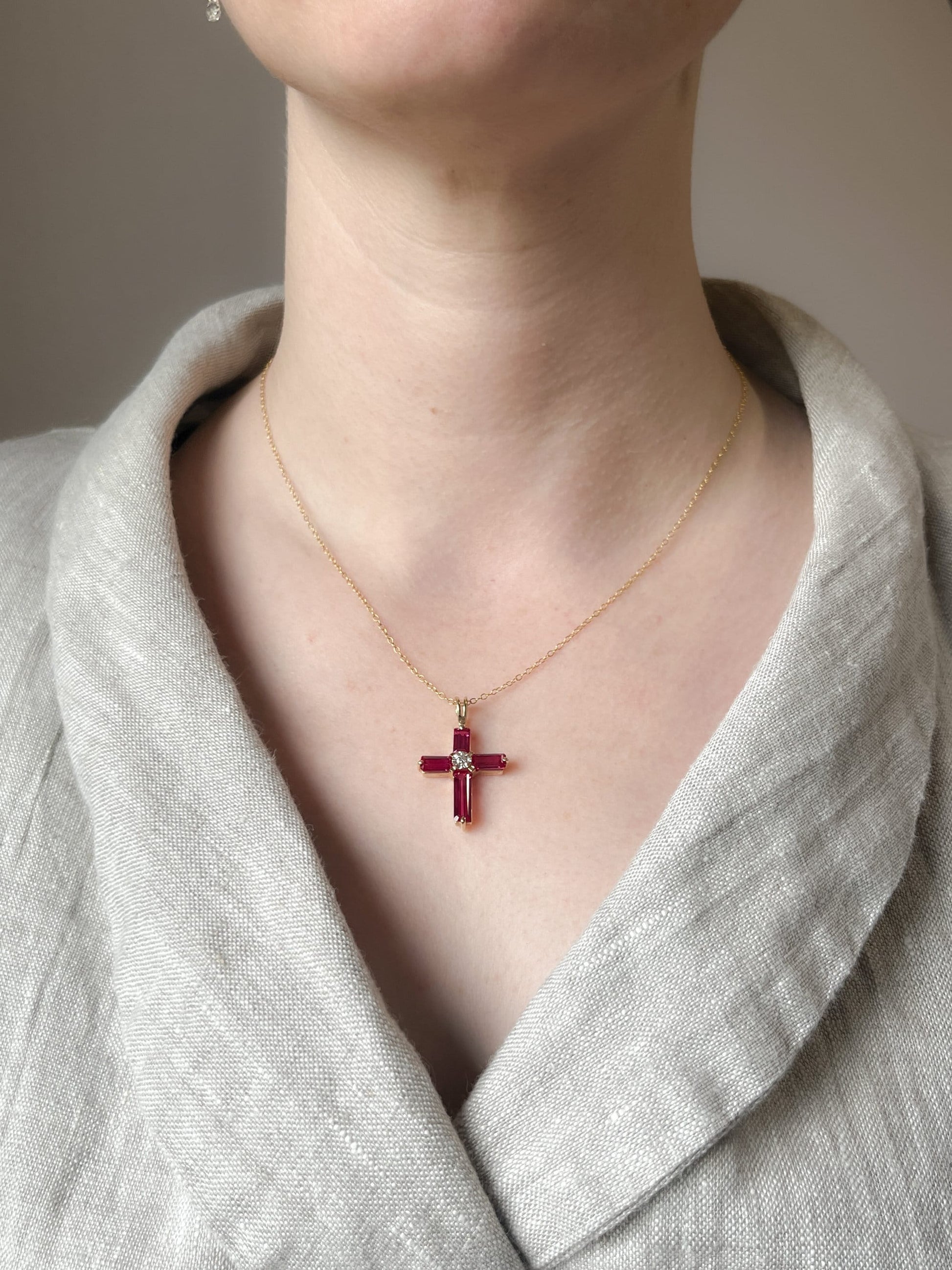 Vintage Ruby Cross Pendant in 14k Gold