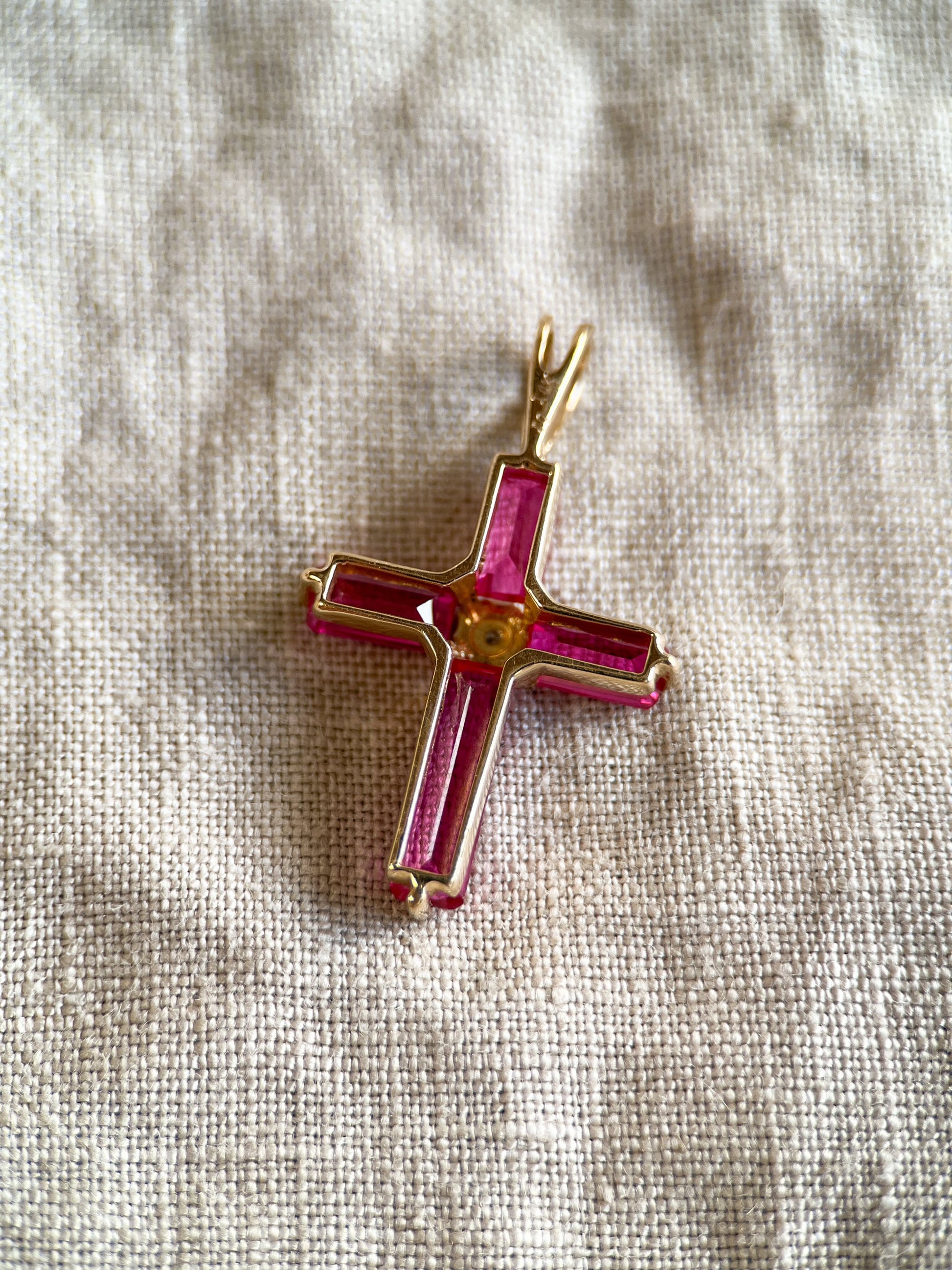 Vintage Ruby Cross Pendant in 14k Gold