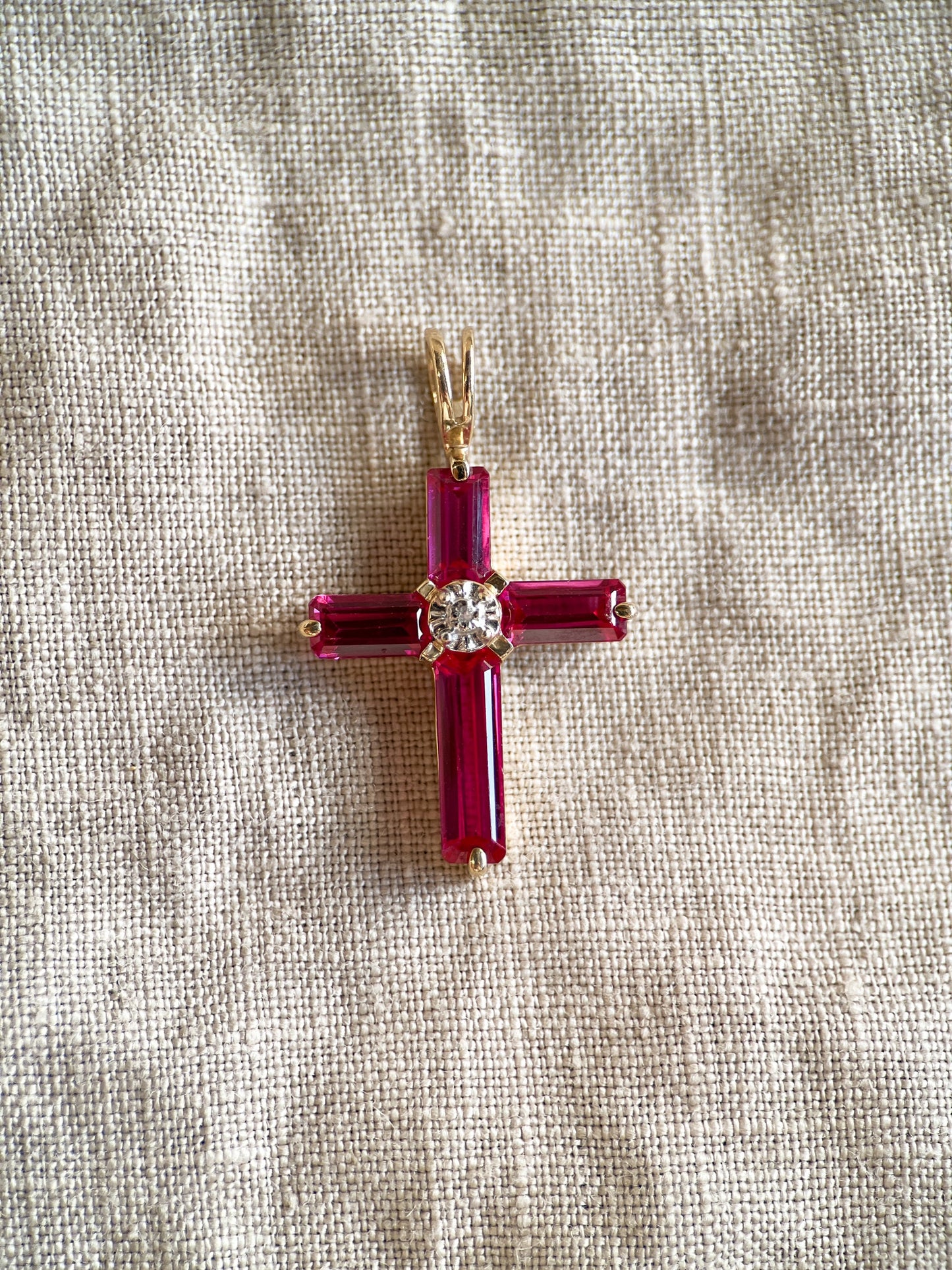 Vintage Ruby Cross Pendant in 14k Gold