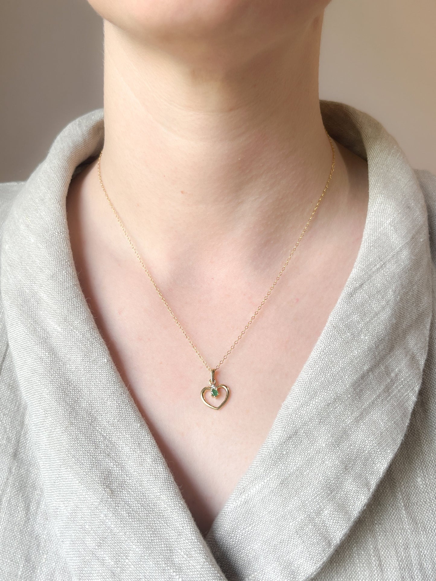 Vintage 1980s Emerald & Diamonds Heart Pendant, 14k Gold