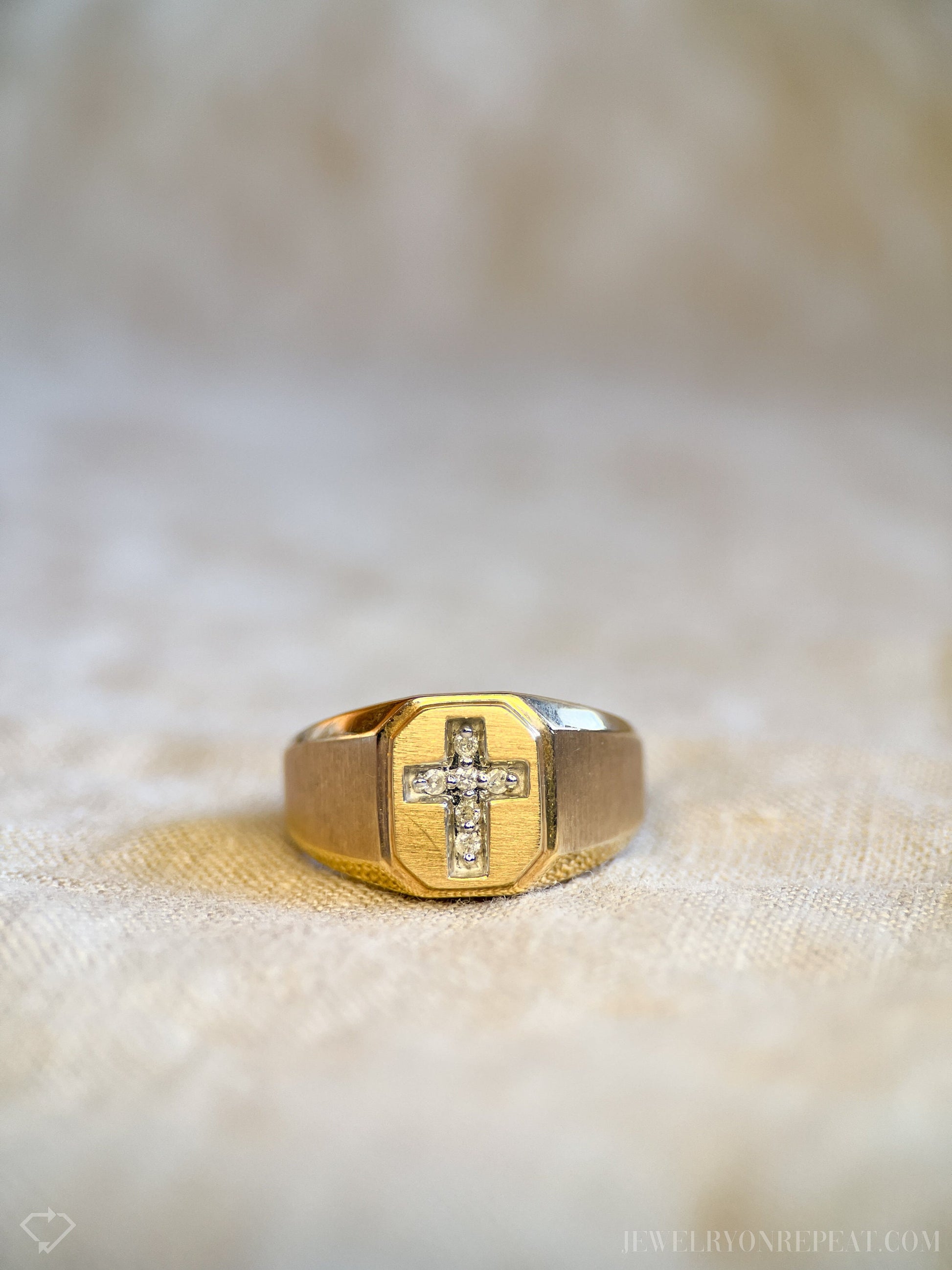 Vintage 1980s Diamond Cross Signet Ring in 14k Gold