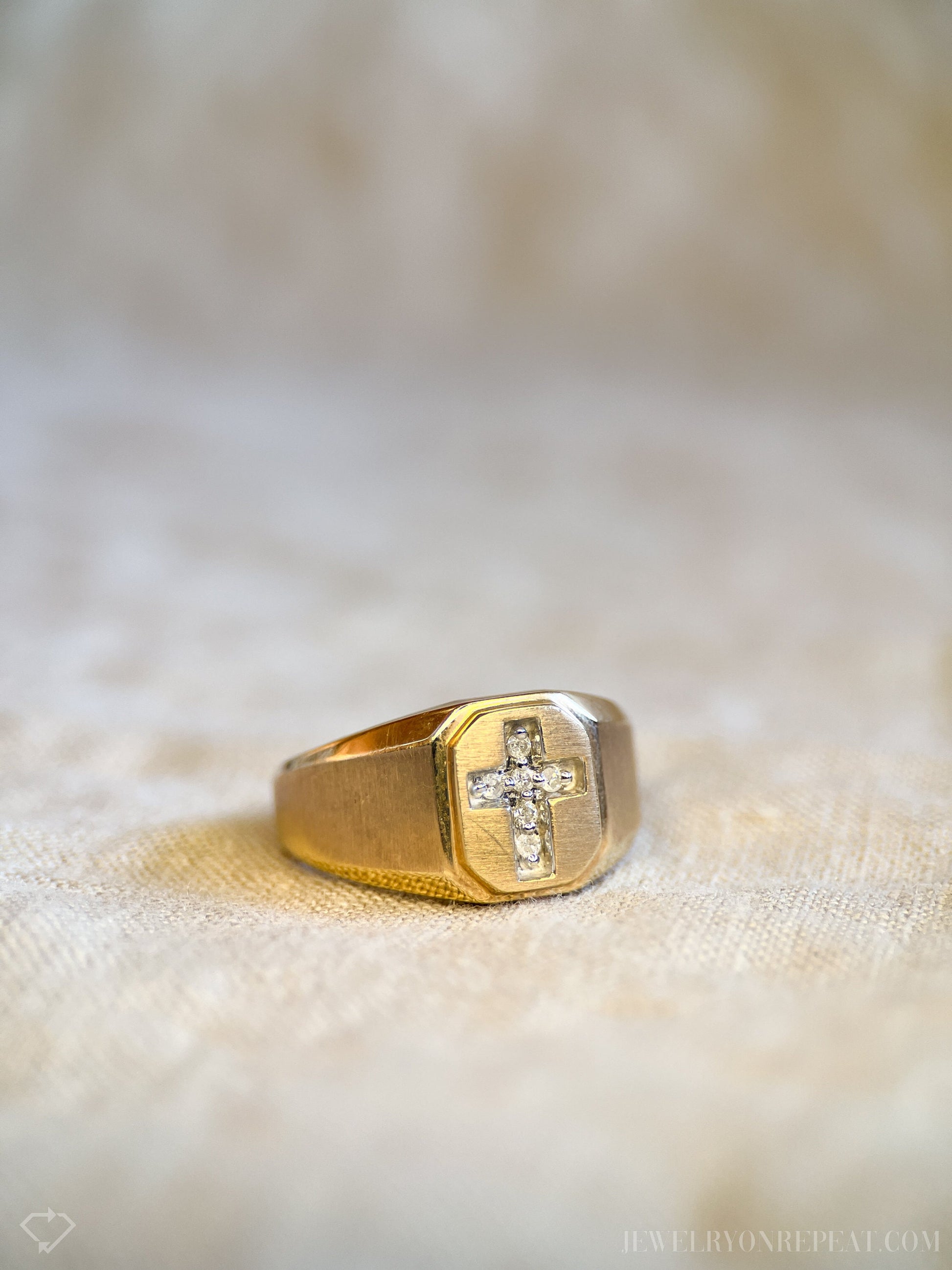 Vintage 1980s Diamond Cross Signet Ring in 14k Gold