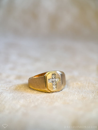 Vintage 1980s Diamond Cross Signet Ring in 14k Gold