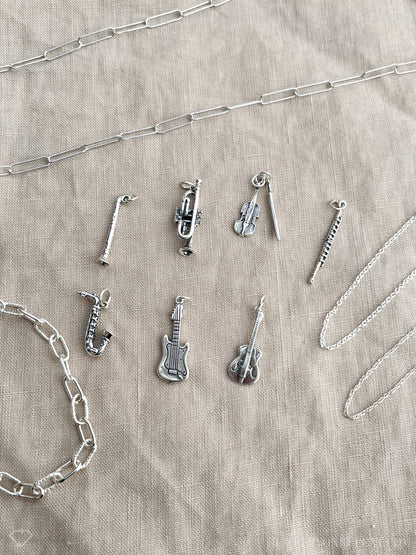Sterling Silver Guitar Charm Pendant, Music Themed Minimalist Jewelry, Gift for Her