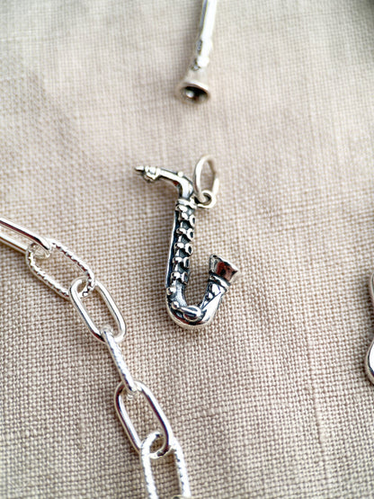 Sterling Silver Saxophone Charm Pendant, Music Themed Minimalist Jewelry, Gift for Her