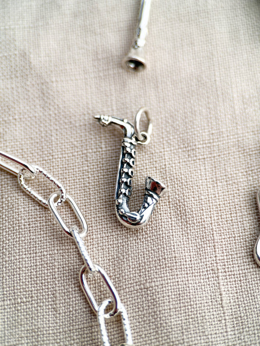 Sterling Silver Saxophone Charm Pendant, Music Themed Minimalist Jewelry, Gift for Her