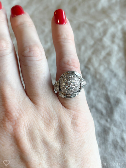 Vintage Diamond Engagement Ring, Round Cut, Platinum, 1940s Pave Dome Bridal Ring