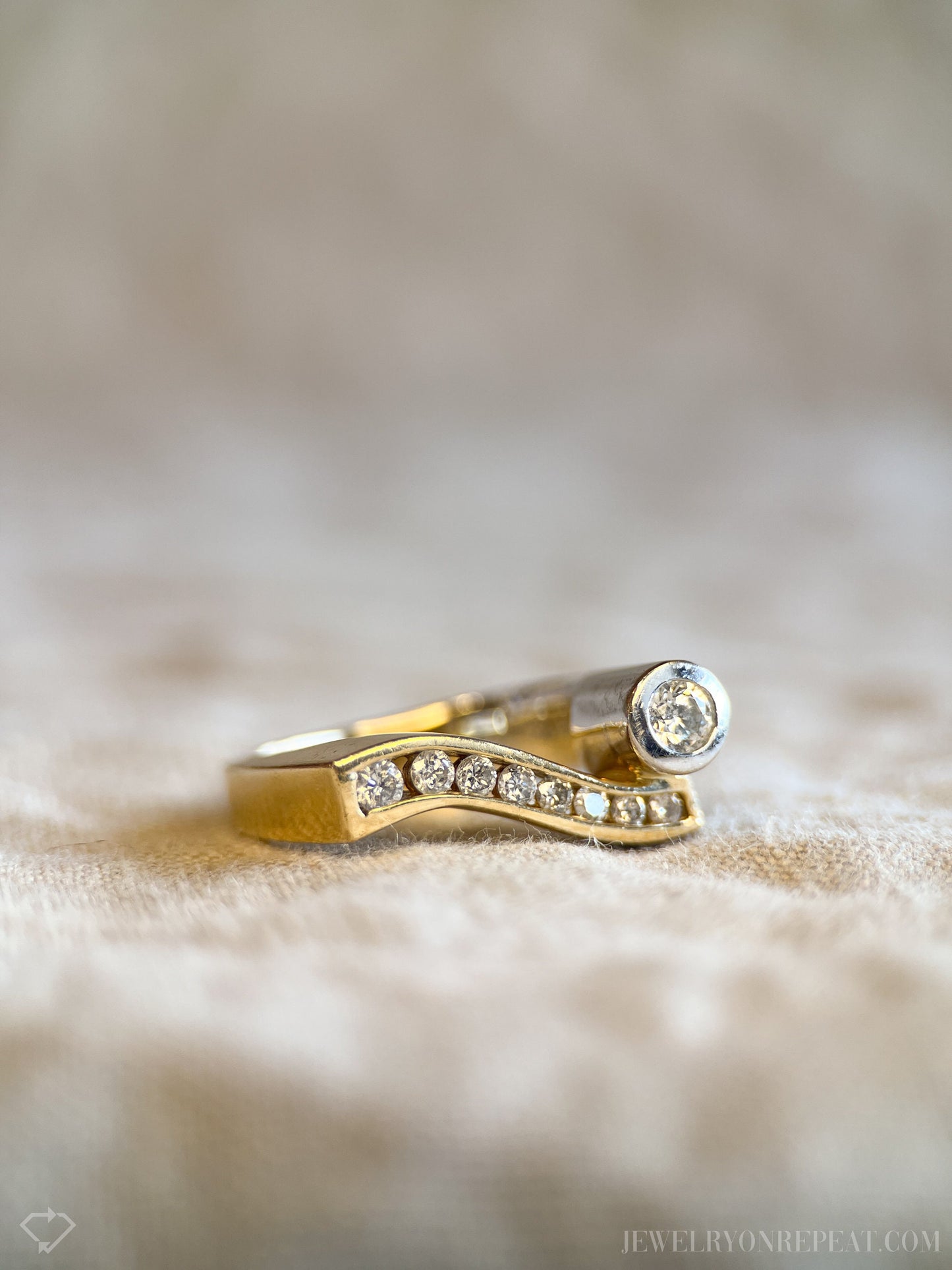 Vintage 1980s Diamond Engagement Ring, Two-Tone 14k Gold, Asymmetrical Bezel & Channel Set • One-of-a-kind Jewelry