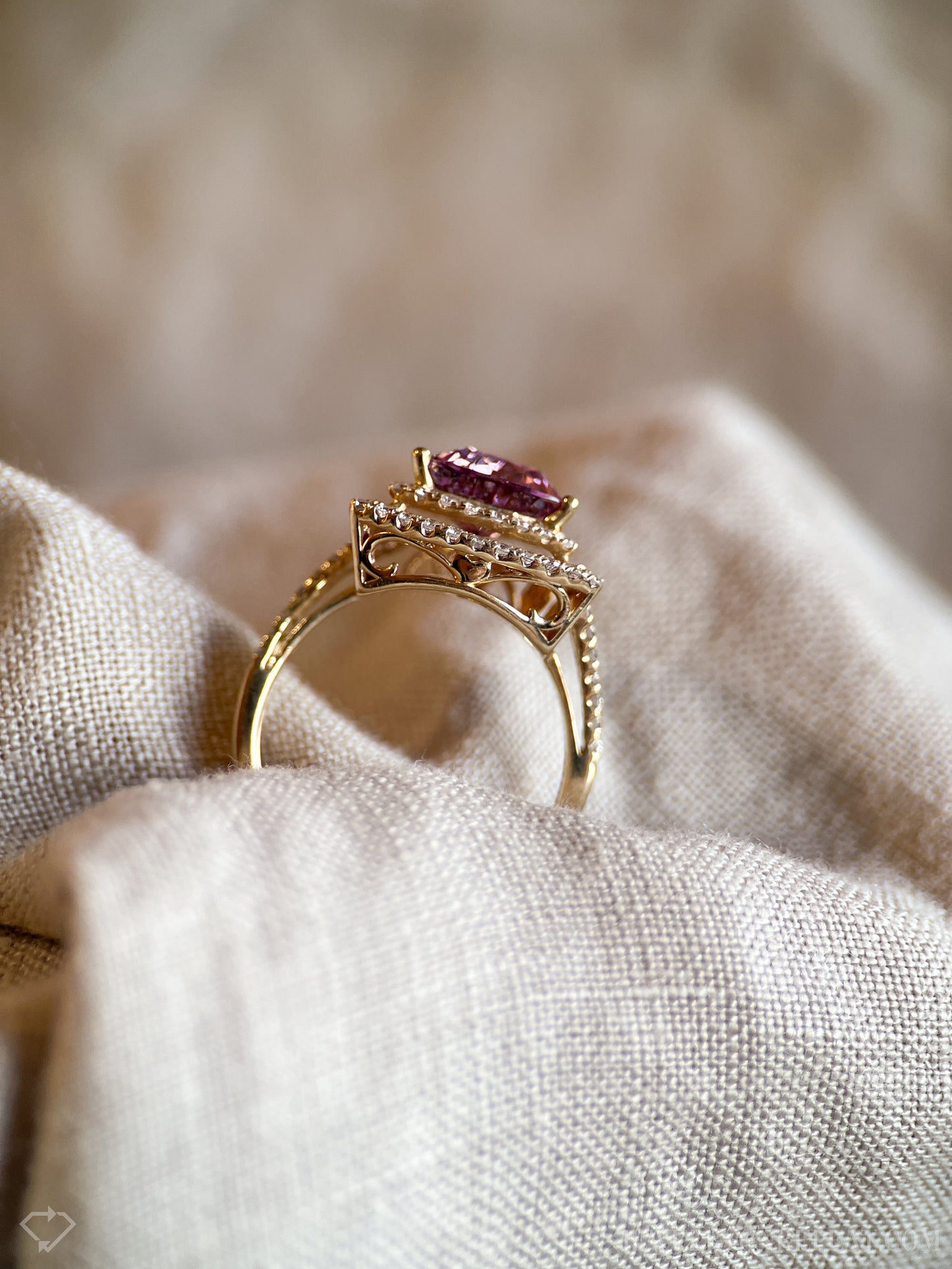 Vintage Rhodolite Garnet and Diamond Halo Engagement Ring, 14k Gold Trillion Bridal Ring