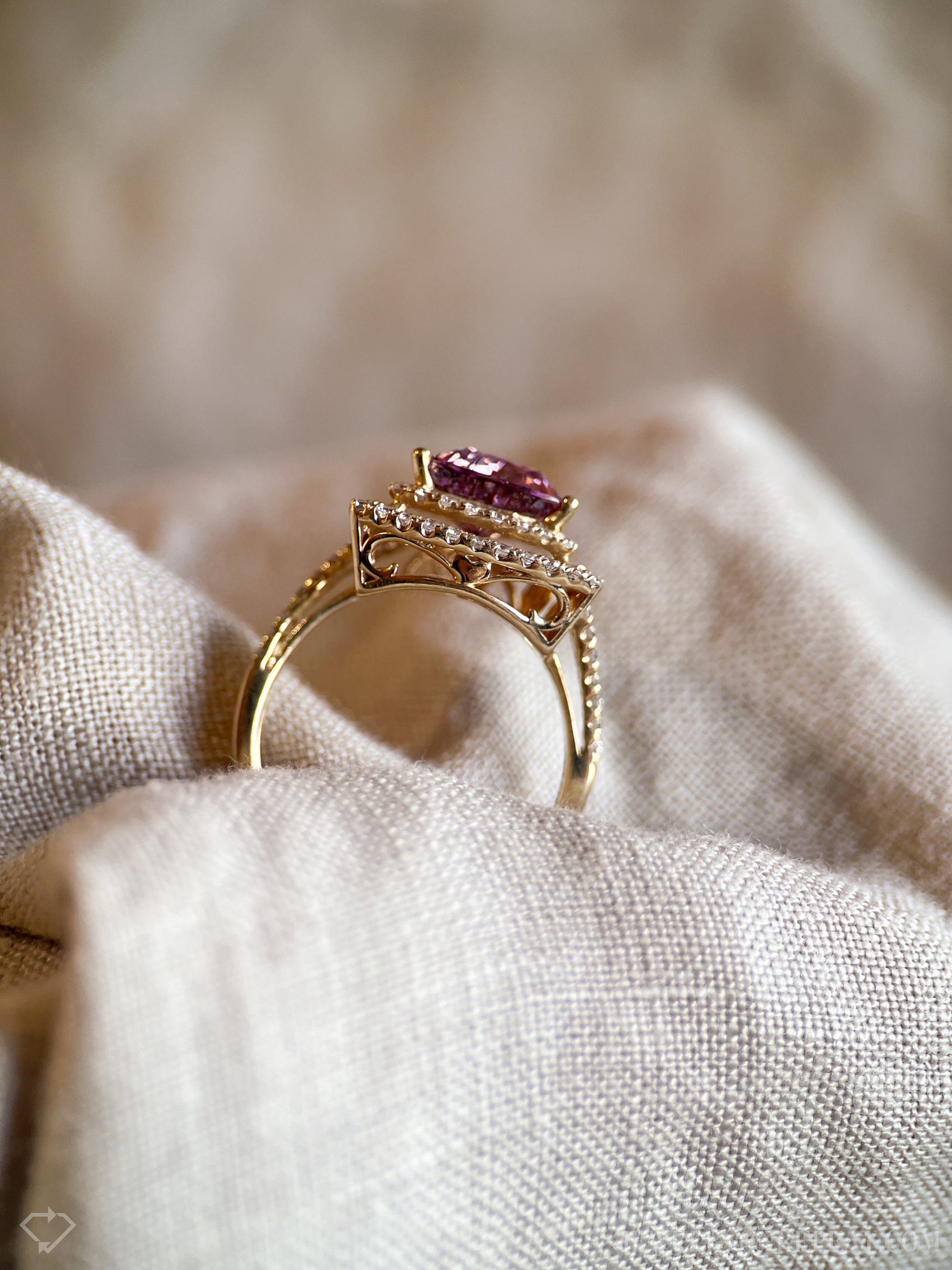 Vintage Rhodolite Garnet and Diamond Halo Engagement Ring, 14k Gold Trillion Bridal Ring