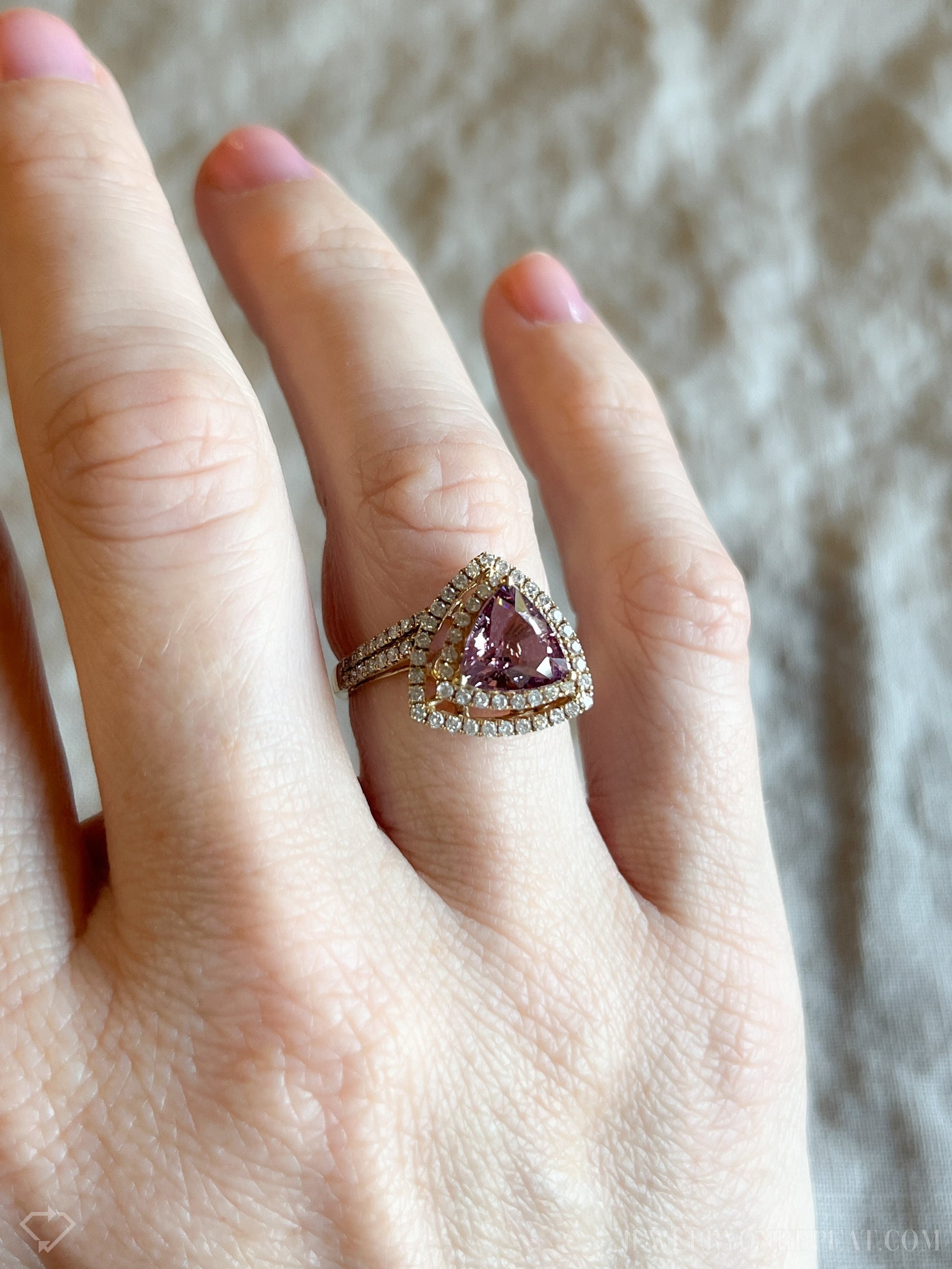 Vintage Rhodolite Garnet and Diamond Halo Engagement Ring, 14k Gold Trillion Bridal Ring