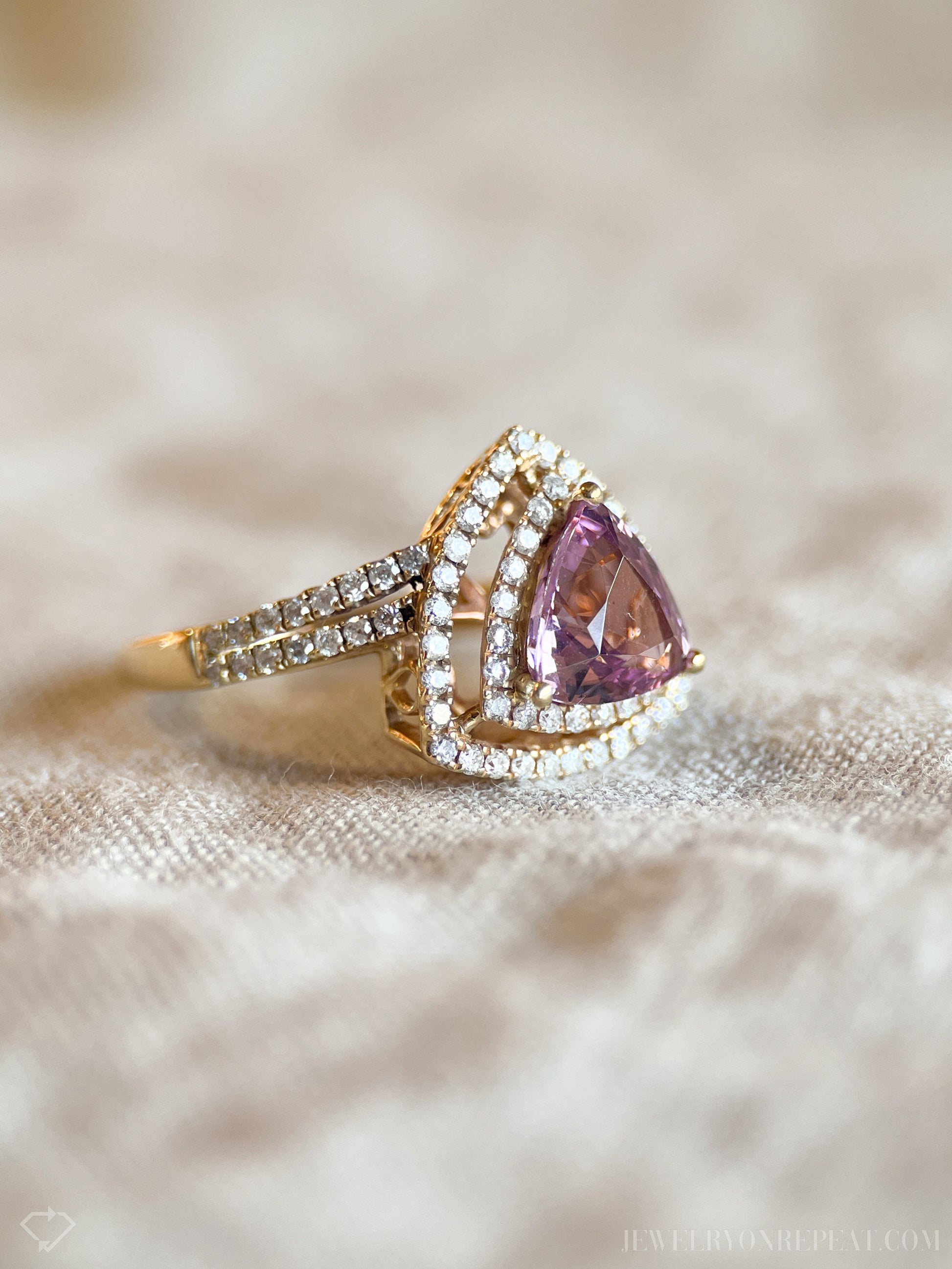 Vintage Rhodolite Garnet and Diamond Halo Engagement Ring, 14k Gold Trillion Bridal Ring