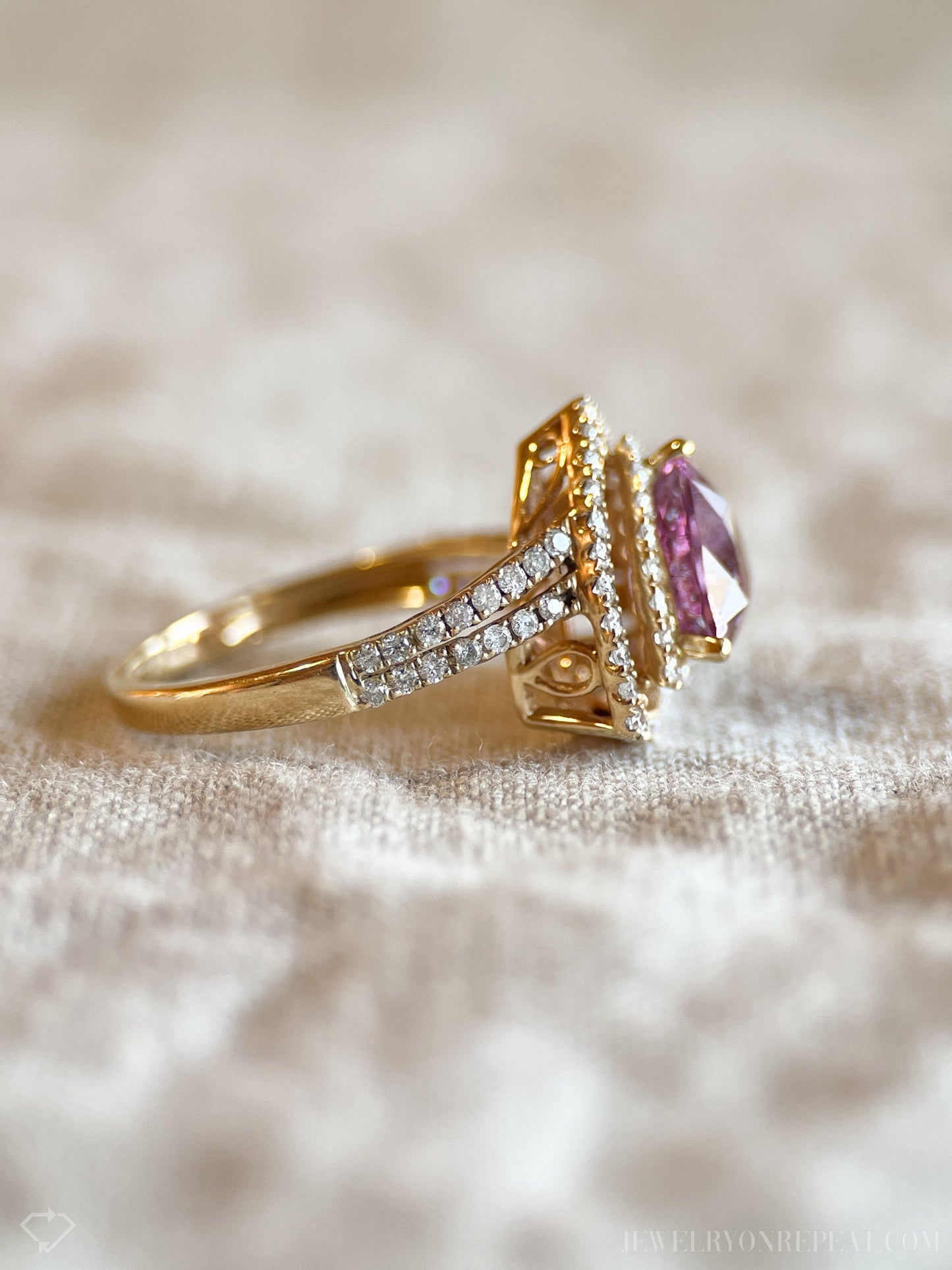 Vintage Rhodolite Garnet and Diamond Halo Engagement Ring, 14k Gold Trillion Bridal Ring
