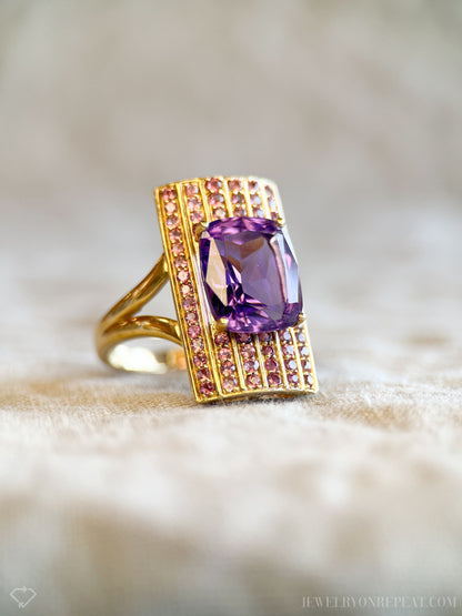 Vintage Amethyst and Tourmaline Cocktail Ring, 14k Gold, Cushion Cut Pave Statement Ring