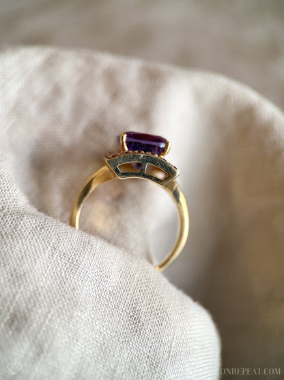 Vintage Amethyst and Tourmaline Cocktail Ring, 14k Gold, Cushion Cut Pave Statement Ring