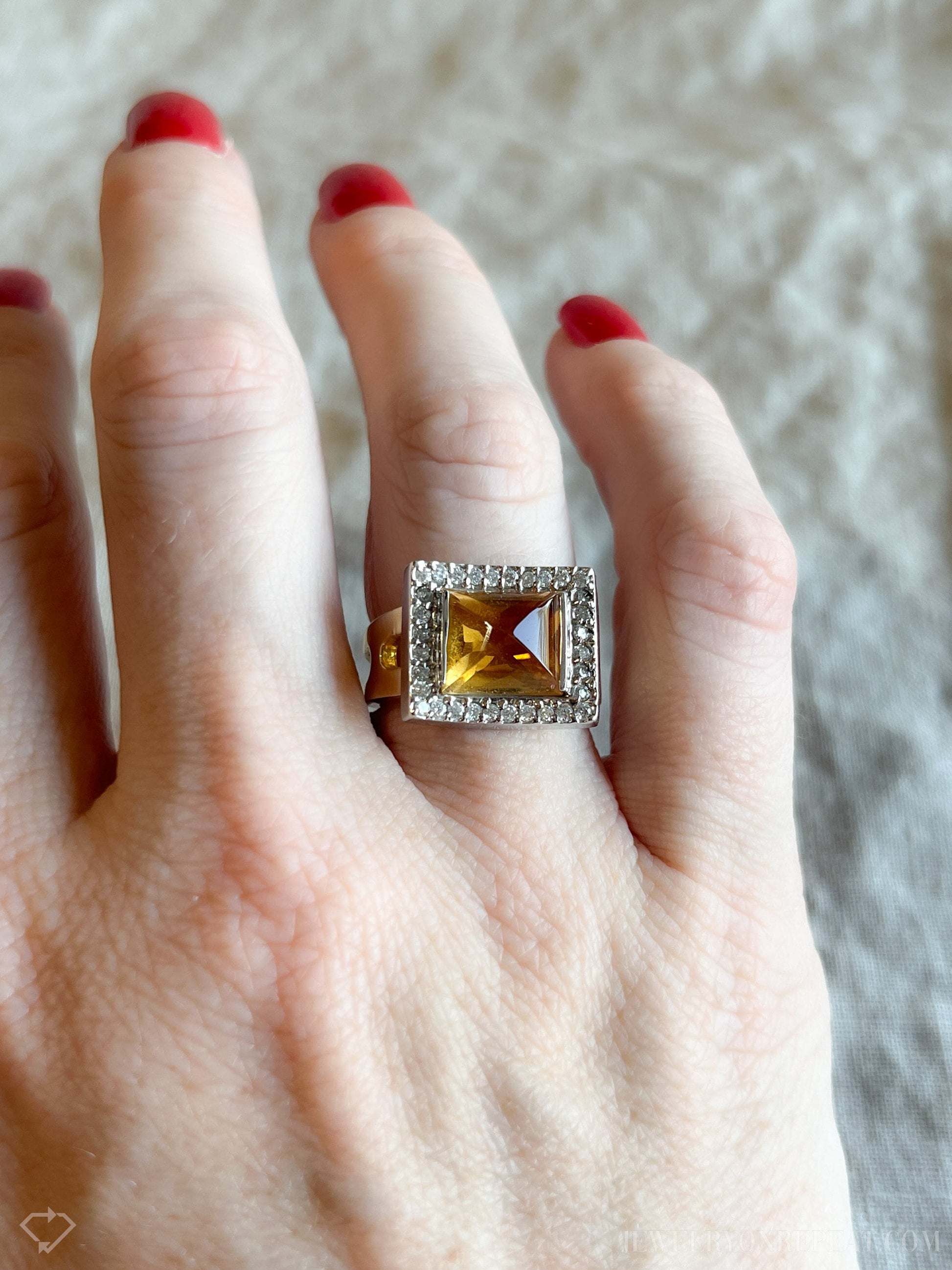 Vintage Citrine and Diamond Geometric Pyramid Halo Ring in 14k Gold