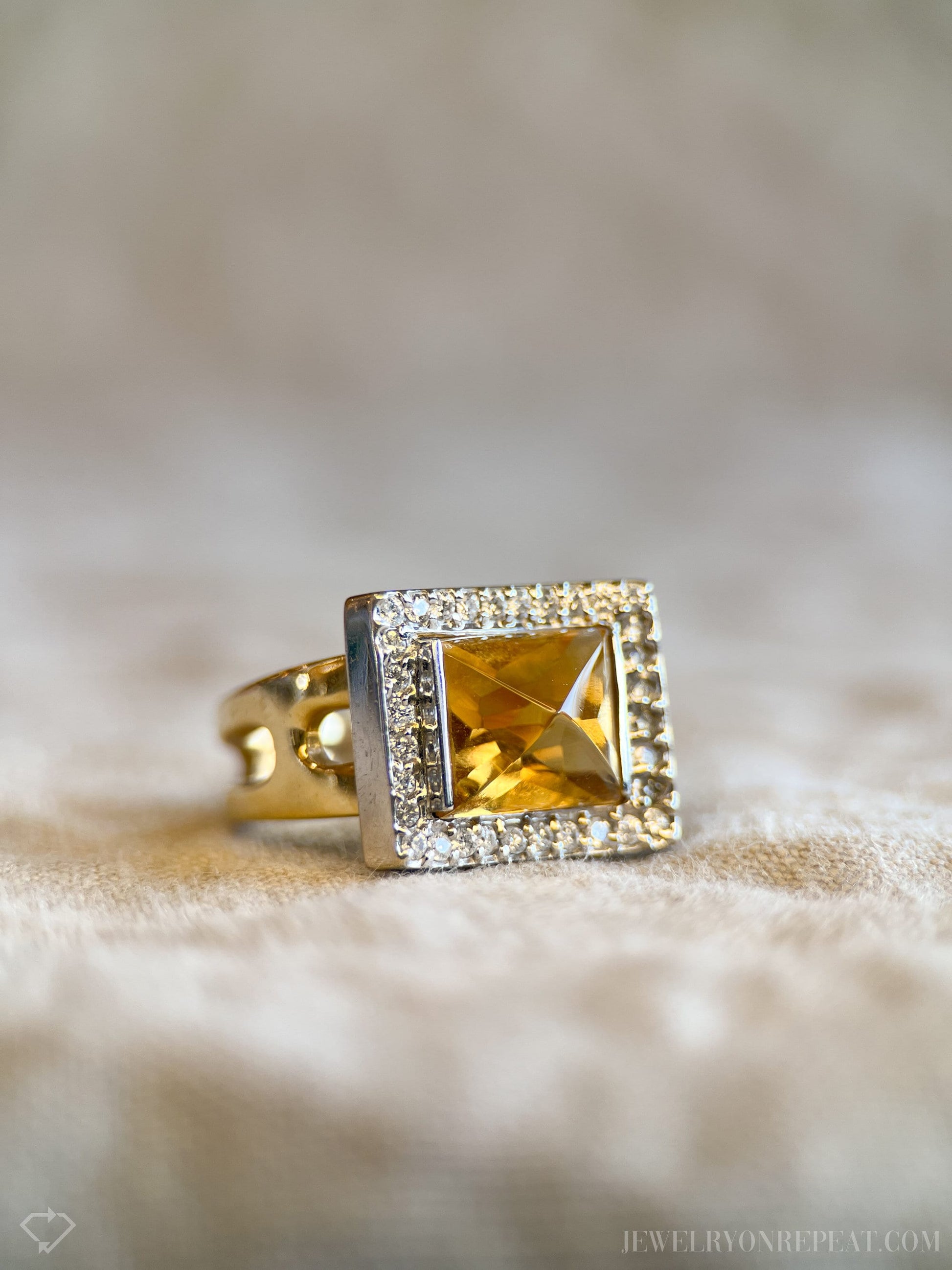 Vintage Citrine and Diamond Geometric Pyramid Halo Ring in 14k Gold