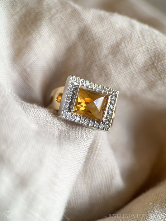 Vintage Citrine and Diamond Geometric Pyramid Halo Ring in 14k Gold