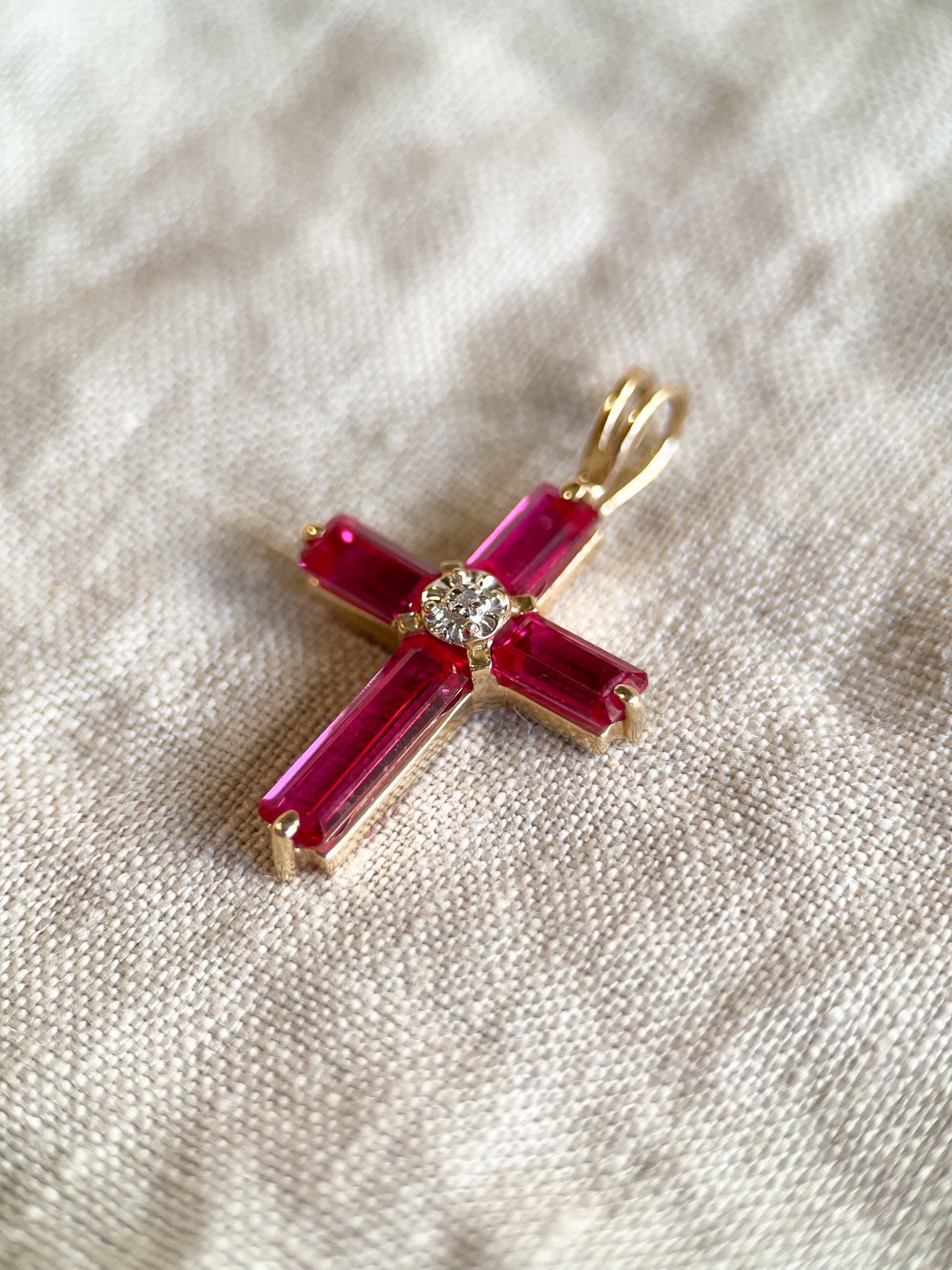 Vintage Ruby Cross Pendant in 14k Gold