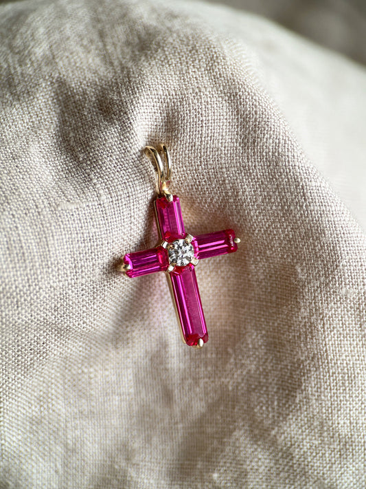 Vintage Ruby Cross Pendant in 14k Gold