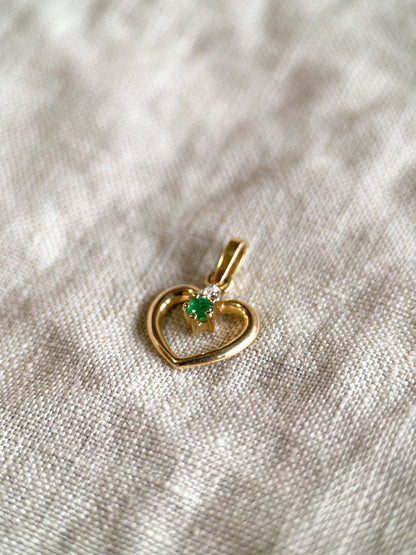 Vintage 1980s Emerald & Diamonds Heart Pendant, 14k Gold