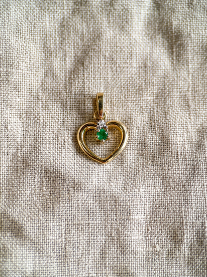 Vintage 1980s Emerald & Diamonds Heart Pendant, 14k Gold