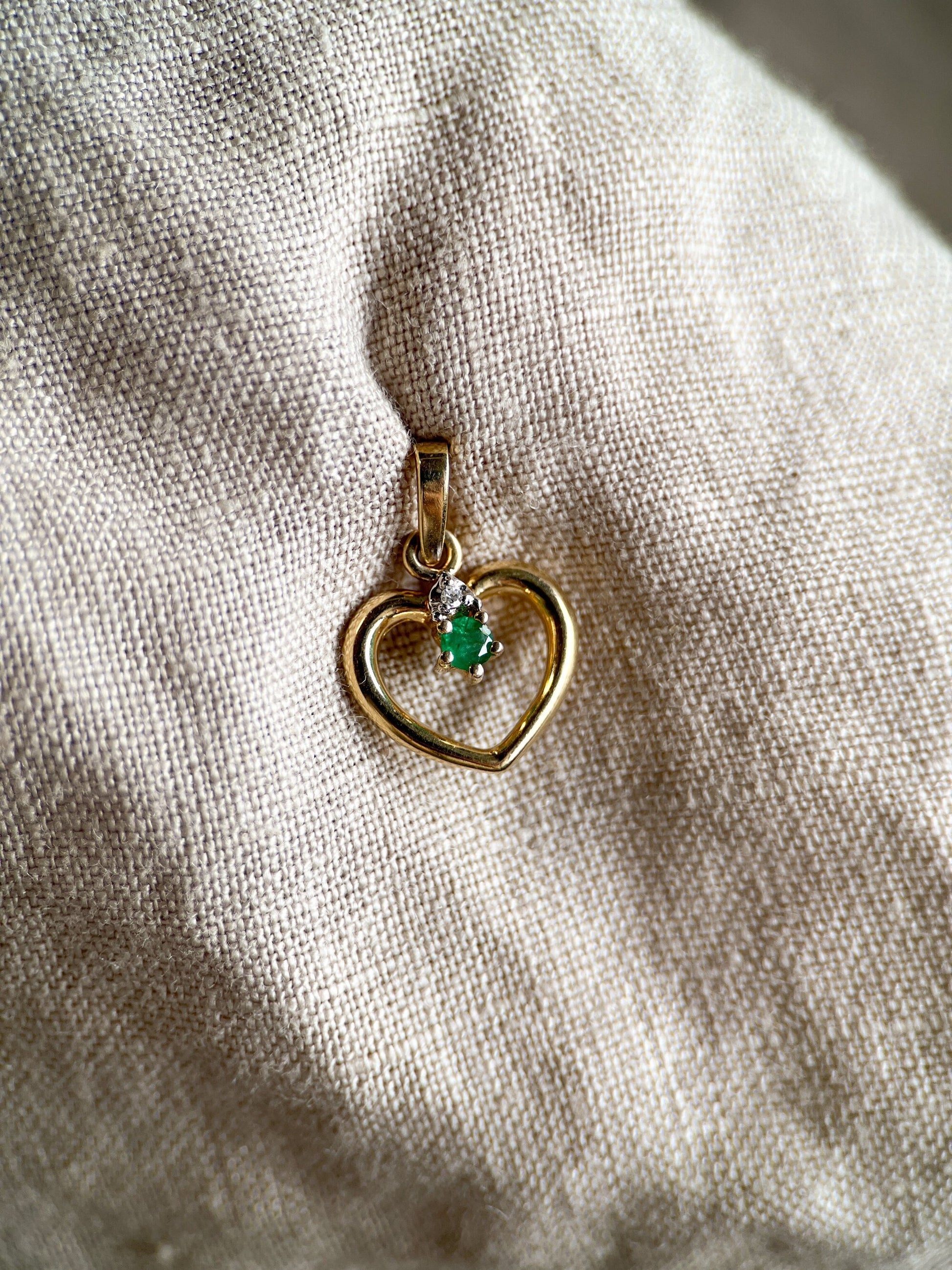 Vintage 1980s Emerald & Diamonds Heart Pendant, 14k Gold