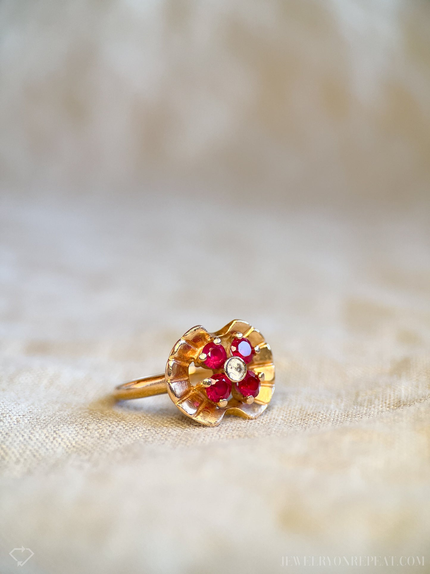 Vintage 1930s Art Deco Ruby Gemstone Ring, 14k Rose Gold