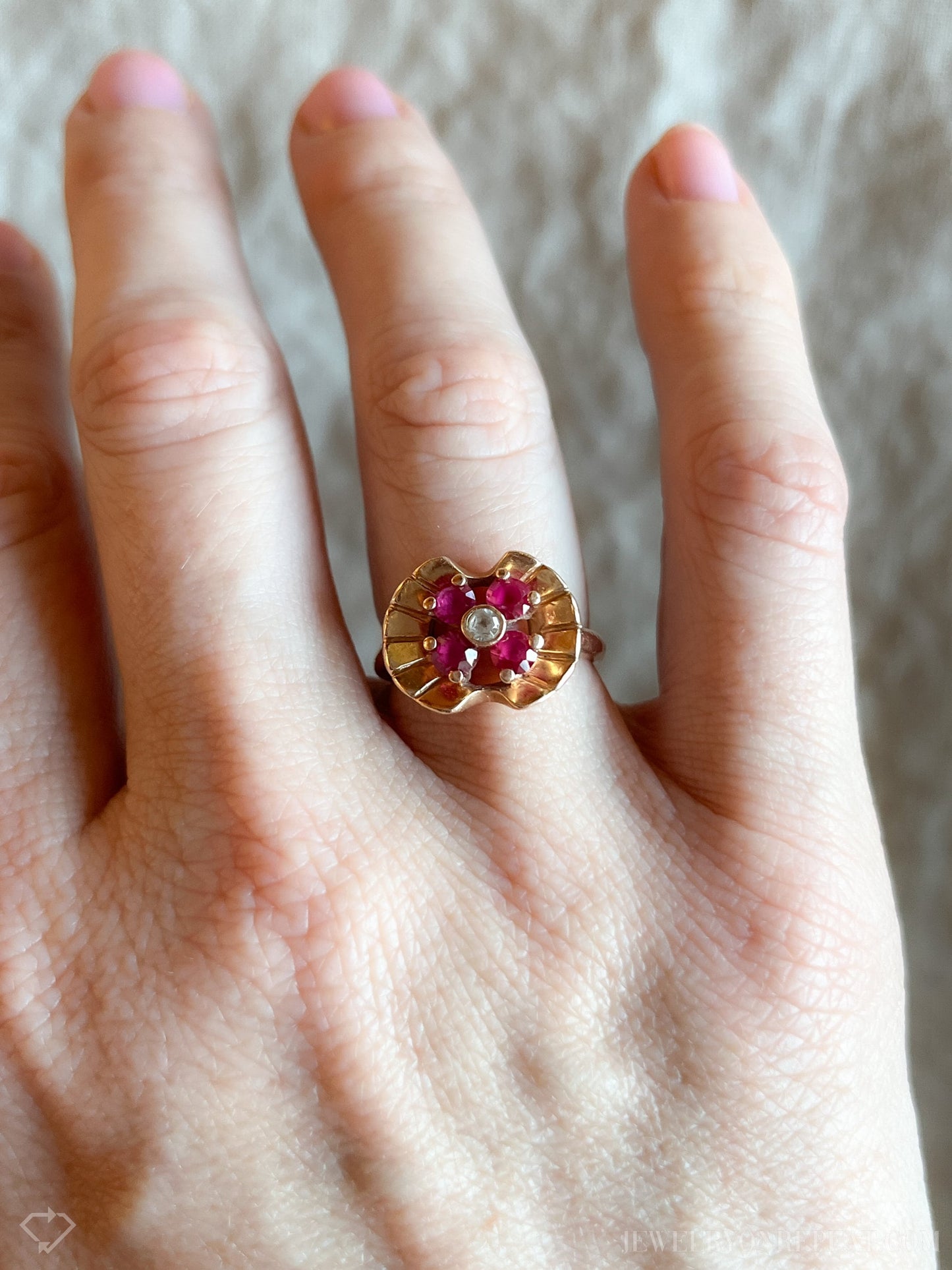 Vintage 1930s Art Deco Ruby Gemstone Ring, 14k Rose Gold