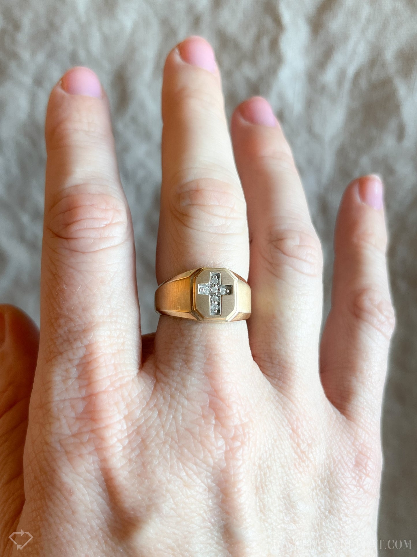 Vintage 1980s Diamond Cross Signet Ring in 14k Gold