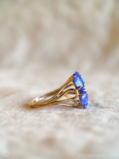 Vintage Blue Spinel Ring, 14k Gold, Clover Cluster Statement Ring, 1970s Bold Jewelry