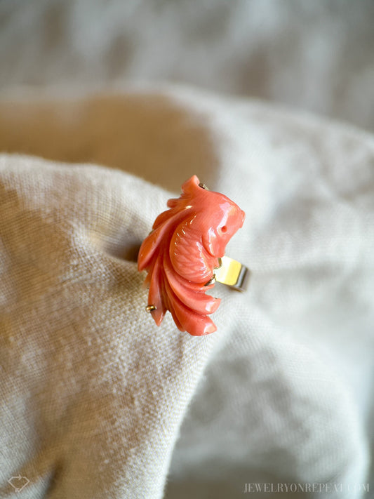 Vintage 1960s Coral Koi Fish Gemstone Ring, 14k Gold