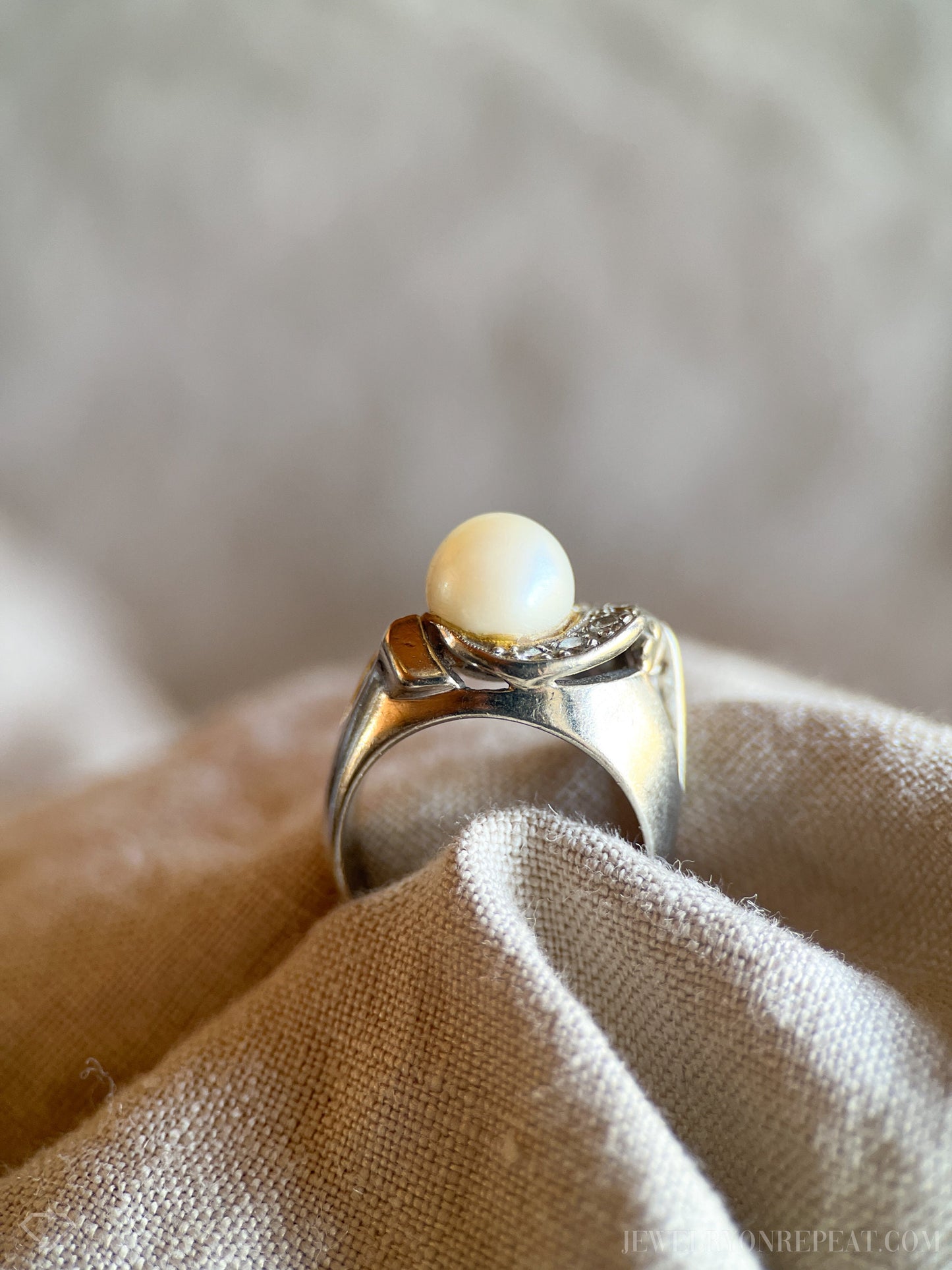 Vintage Pearl and Diamond Engagement Ring, 14k White Gold, 1950s Art Nouveau Bridal Ring
