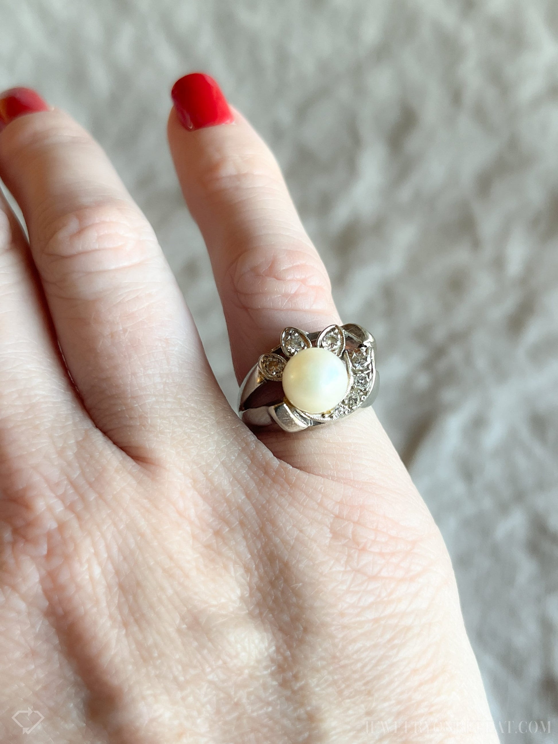 Vintage Pearl and Diamond Engagement Ring, 14k White Gold, 1950s Art Nouveau Bridal Ring
