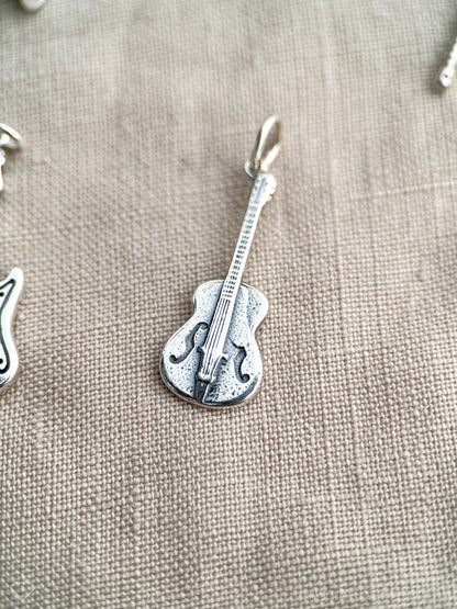 Sterling Silver Guitar Charm Pendant, Music Themed Minimalist Jewelry, Gift for Her