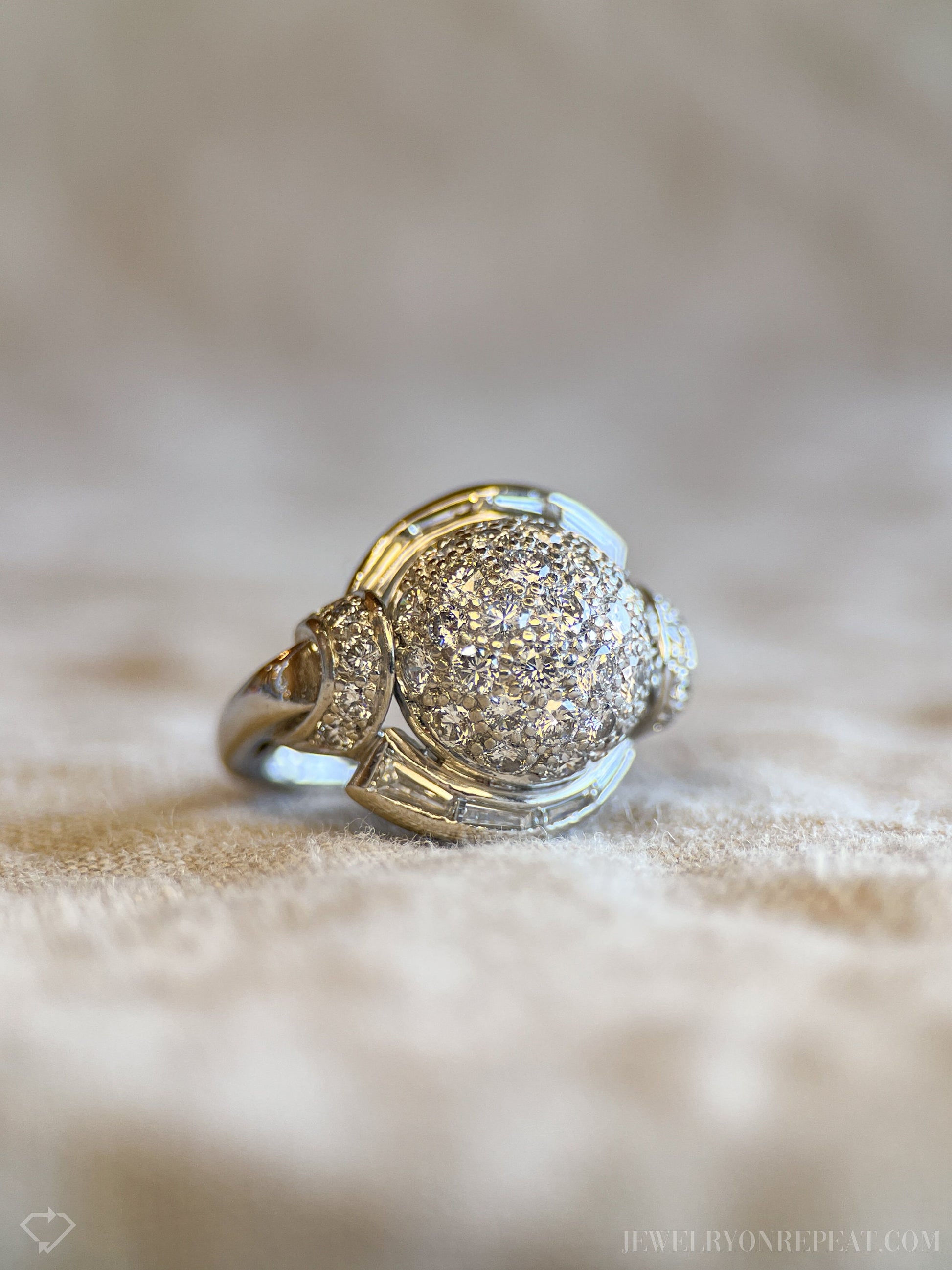 Vintage Diamond Engagement Ring, Round Cut, Platinum, 1940s Pave Dome Bridal Ring