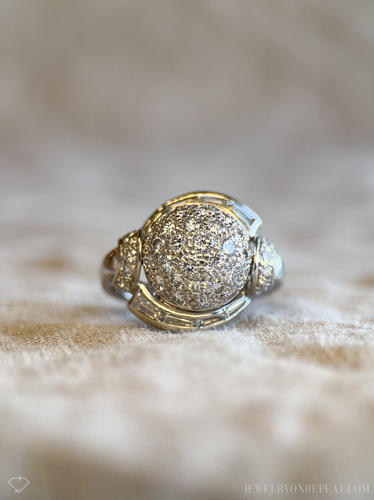 Vintage Diamond Engagement Ring, Round Cut, Platinum, 1940s Pave Dome Bridal Ring