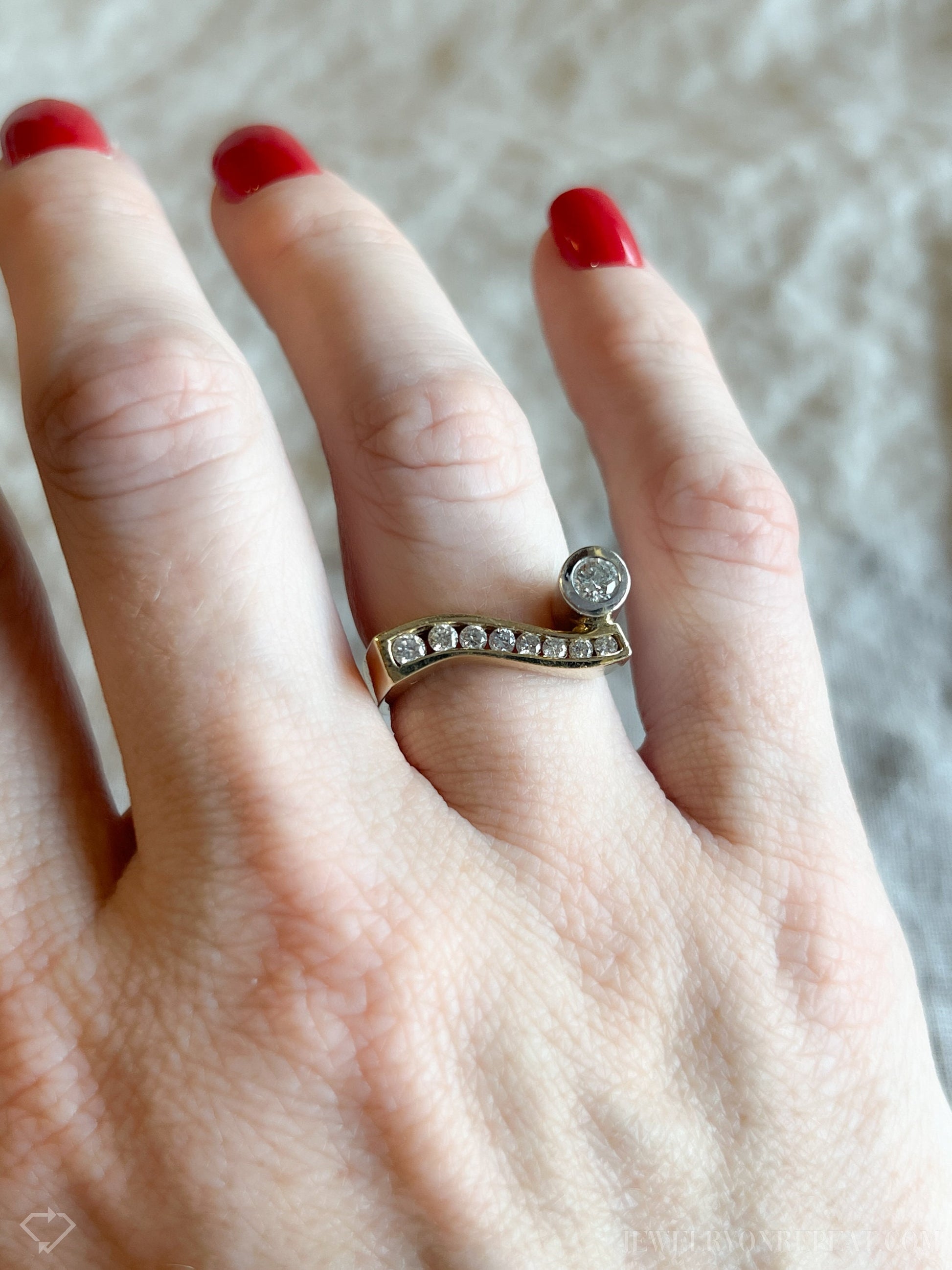 Vintage 1980s Diamond Engagement Ring, Two-Tone 14k Gold, Asymmetrical Bezel & Channel Set • One-of-a-kind Jewelry