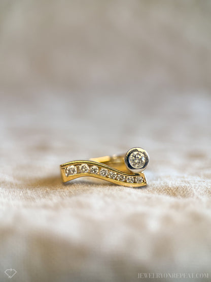 Vintage Diamond Engagement Ring, Two-Tone 14k Gold, Asymmetrical Bezel Channel Unique Bridal Ring
