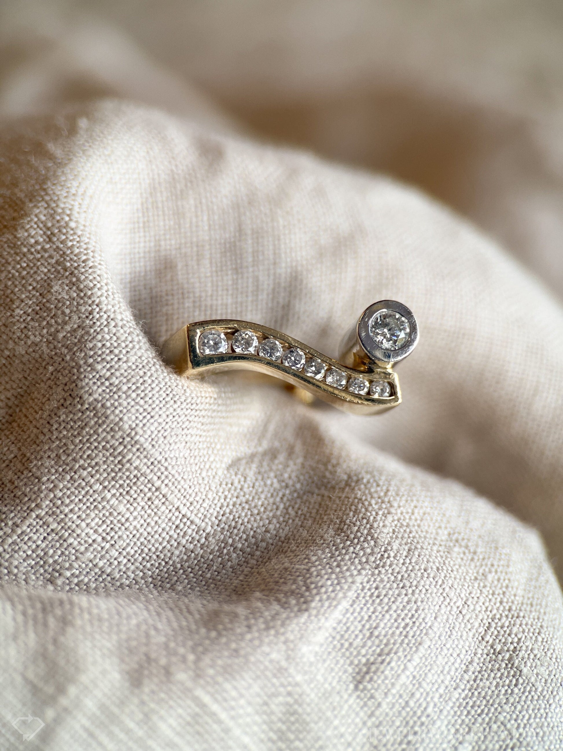Vintage 1980s Diamond Engagement Ring, Two-Tone 14k Gold, Asymmetrical Bezel & Channel Set • One-of-a-kind Jewelry