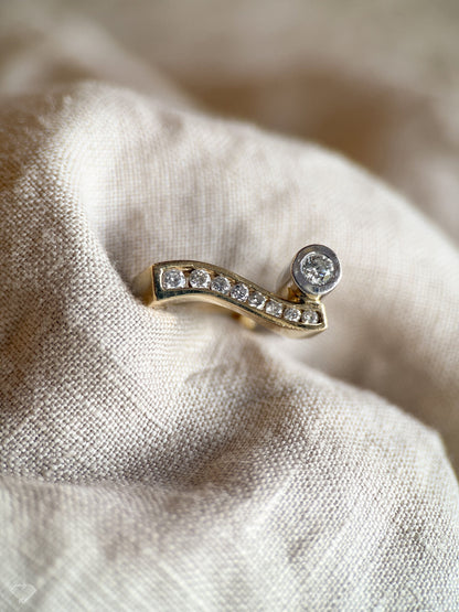 Vintage 1980s Diamond Engagement Ring, Two-Tone 14k Gold, Asymmetrical Bezel & Channel Set • One-of-a-kind Jewelry
