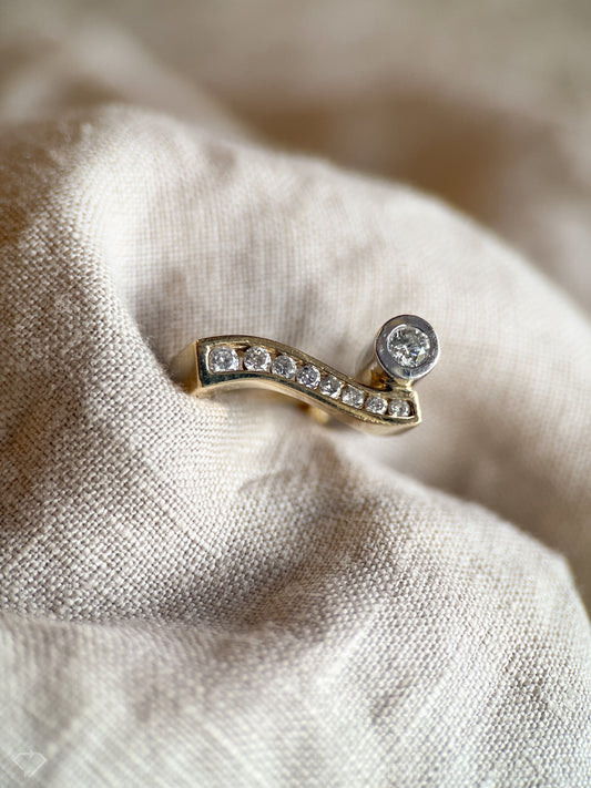 Vintage 1980s Diamond Engagement Ring, Two-Tone 14k Gold, Asymmetrical Bezel & Channel Set • One-of-a-kind Jewelry
