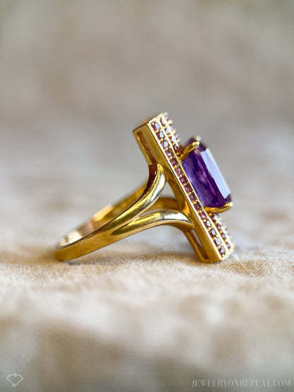 Vintage Amethyst and Tourmaline Cocktail Ring, 14k Gold, Cushion Cut Pave Statement Ring