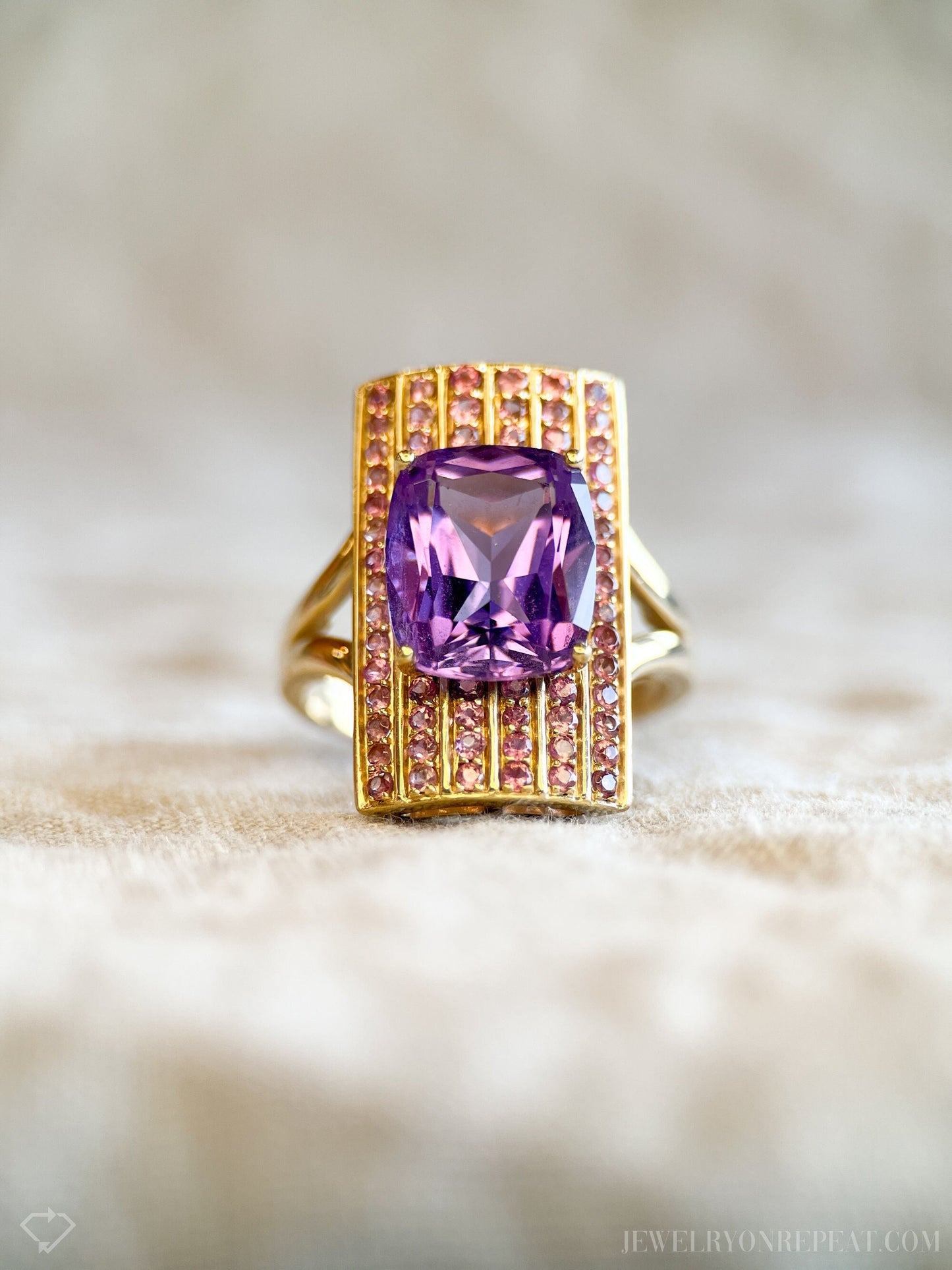 Vintage 1990s Amethyst & Pink Tourmaline Gemstone Ring, 14k Gold