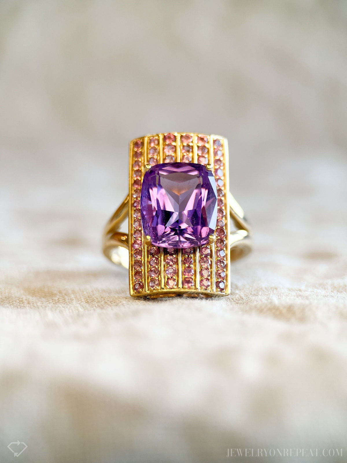 Vintage Amethyst and Tourmaline Cocktail Ring, 14k Gold, Cushion Cut Pave Statement Ring