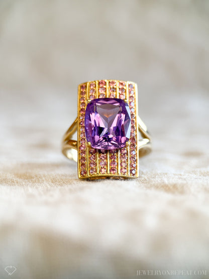 Vintage Amethyst and Tourmaline Cocktail Ring, 14k Gold, Cushion Cut Pave Statement Ring
