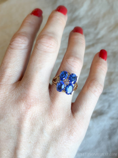 Vintage Blue Spinel Ring, 14k Gold, Clover Cluster Statement Ring, 1970s Bold Jewelry